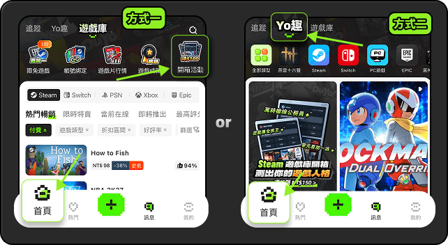 方式一從訊息頁進入，方式二從首頁 Yo趣 進入